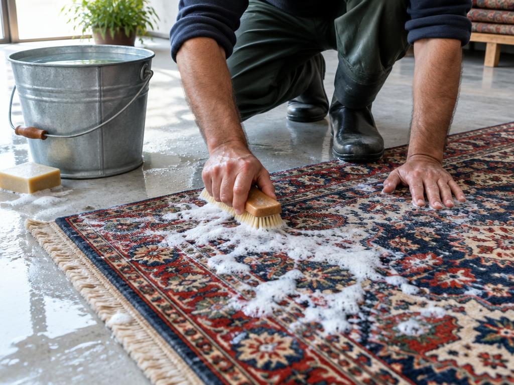 Lavage à la main d’un tapis au savon naturel, seau d’eau claire à côté