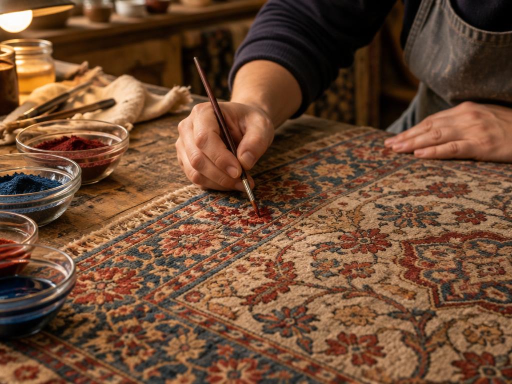 Application de teinture au pinceau sur les fibres d’un tapis ancien